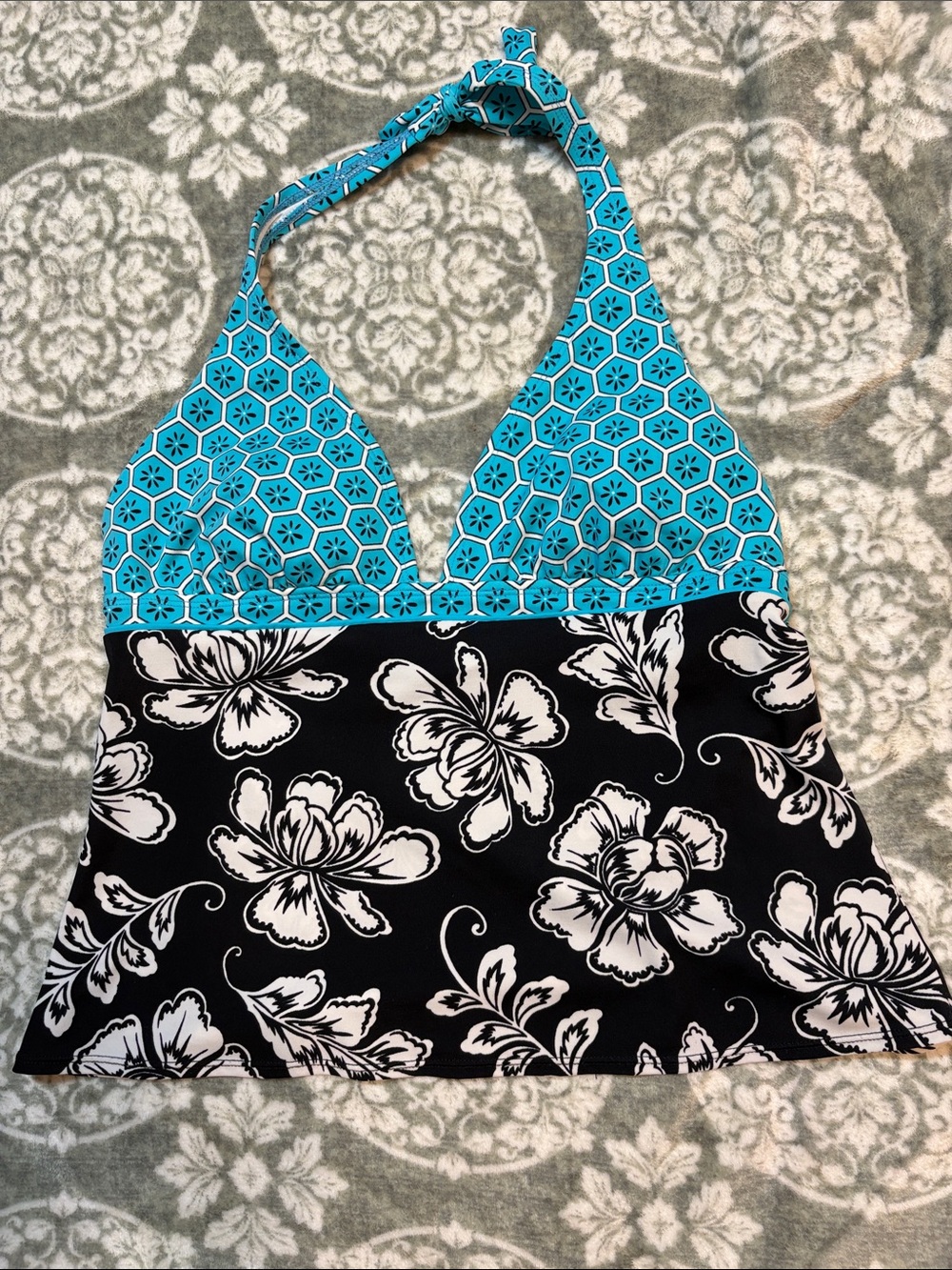 Halter Tankini Top in Turquoise & Black Floral